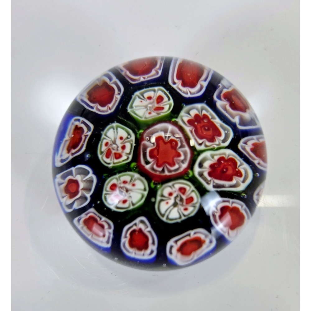 Vintage Murano Millefiori Glass Paperweight Cobalt Blue Ground Floral Canes 2.5
